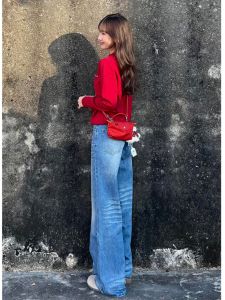 กางเกงยีนส์ทรงหลวมเอวสูงทรงตรงทรงขากว้างสไตล์อเมริกันย้อนยุคสำหรับผู้หญิง กางเกงยีนส์ทรงขากว้างทรงขากว้างทรงขากว้าง