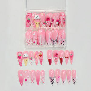 96Pcs Long Stiletto Fake Nails Pink Rainbow Heart Flower Clover Design Full Cover Press On Nails for Y2K Girls Holiday Nail Art
