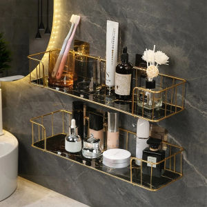 Luxury Bathroom Shelf without drilling Iron Wall Shelf with Marble style Glass Plate Makeup Storage Rack Bathroom Accessories