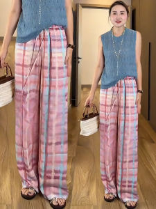 MEITESIJIAONU | Pink Linen Check High Waist Drapey Culotte Trousers