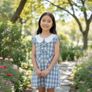 Vintage & Elegant Blue Checkered Girls’ Dress with White Lace & Cute Pockets (Ages 2–7)