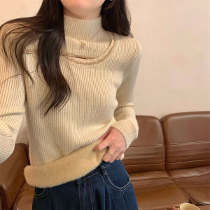 chaqi | Thickened Hollow Out Diamond Womens Knitted Sweater Winter Warm Inner Wear Fleece Lined One Piece Velvet Top Commute Style