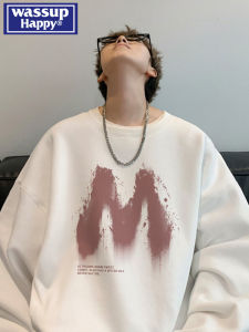 เสื้อสเวตเตอร์คอกลมแขนยาวสไตล์อเมริกันสำหรับผู้ชาย WASSUP HAPPY ทรงหลวม ลำลอง ฤดูใบไม้ผลิและฤดูใบไม้ร่วง