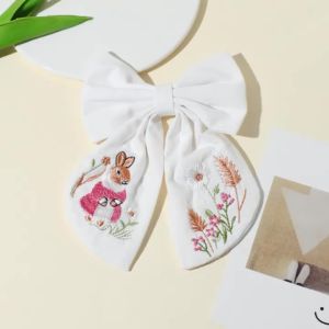 Rabbit Embroidery White Bow Hair Clip Sweet Girls Bunny Bowknot Hairpin Handmade Fabric Kids Cute Headdress Headwear Accessories