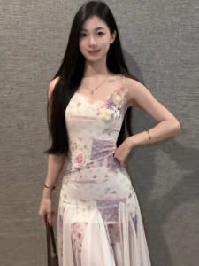 CHANGTONG | Retro Unique Beautiful Floral Print Halter Dress Stylish Slim Fit Bodycon Long Summer New Arrival For Young Ladies