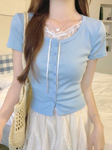 Áo Thun Tay Ngắn Màu Xanh Lam Phong Cách Hàn Quốc Dành Cho Nữ Mùa Hè 2025 Áo Thun Cotton Pha Trộn Ren Cổ Tròn Tay Ngắn Màu Trơn