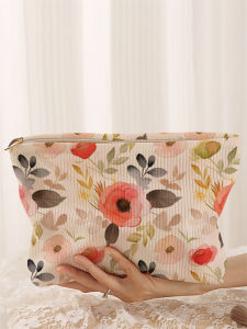 กระเป๋าแต่งหน้าผ้าลูกฟูกลายดอกไม้ 1 ใบ กล่องเก็บเครื่องสําอางซิปน้ําหนักเบา กระเป๋ามัลติฟังก์ชั่นพร้อมซับใน