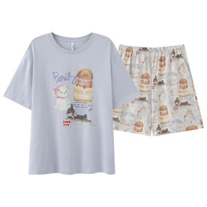 Miiow | Pure Cotton Summer Sleepwear Womens Loose Home Clothes Set With Chest Pad Cute Cartoon Design Comfortable Breathable Nightgown