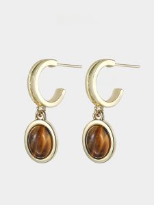 Elegant Tiger Eye Stone Drop Earrings Womens Fashion Jewelry Vintage French Style Autumn Winter High-End Feeling Ear Jewelry