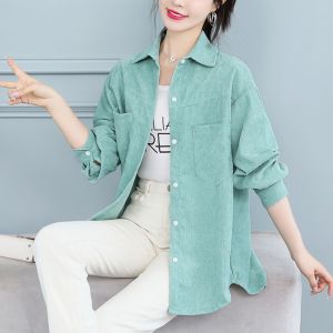 Womens Corduroy Jacket Long Sleeve Spring Autumn Loose Fit Fashionable plus Size Midi Shirt Comfortable Regular Sleeve POLO Neck
