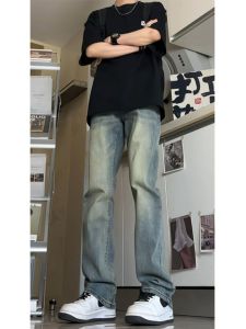 Black Straight Leg Jeans Mens Summer New Style Slim Fit Bell Bottoms High Street Casual Long Pants Zipper Decoration Button Decoration mid Waist Wash Cotton Polyester Blend