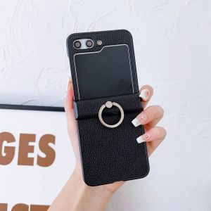szhaiyu | For Samsung Galaxy Z Flip 8 7E 7 6 5 4 Luxury Litchi Grain Leather Case With Metal Ring Bracket Rotating Stand Shockproof Cover