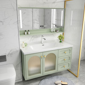 Luxury Modern Minimalist Bathroom Cabinet Combination with Green Apple Shower Cream Basin Integrated Ceramic Sink Faucet and Mirror