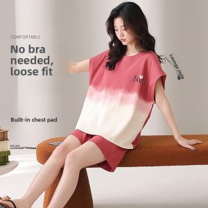 Miiow | Pure Cotton Summer Sleepwear Womens Short Sleeve Short Pants Set Thin Loose Cool Feeling Home Clothes Can Be Worn Outside