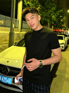 Sleeve Hemming T-Shirt for Men Summer Gym Training Slim Fit Small Collar Shoulder Broadening Cotton