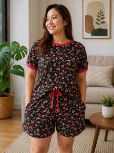 Ringer terno short shirt ladies fashion clothes streetwear (fit small-XL) womenwear comfy set outfit printed cherry
