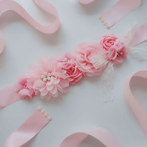 Girls Floral Satin Belt with Lace Pearls Kids Wedding Flower Girl Waist Sash for Party Dress Up Toddler Dress Accessory XW204