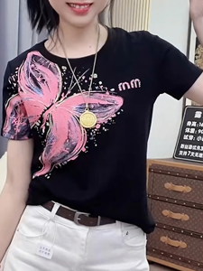 เสื้อยืดคอกลมแขนสั้นพิมพ์ลายผีเสื้อสำหรับผู้หญิง แฟชั่นฤดูร้อน ทรงเข้ารูป เสื้อผ้าทำงานสไตล์เกาหลี ผ้าฝ้ายแท้