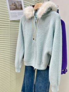 QINGNAER | Pale Blue Sweet Tassled Hooded Knitted Cardigan Sweater