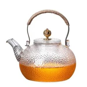 JUSTINLAU Clear Glass teapot Copper Handle High Borosilicate Glass Thickening Teapot Anti-Scald Braided Hemp Rope Beam Teapot