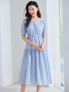 WANGGONGZHU | Slimming Short Sleeve A-Line Dress V-Neck Drawstring Design Summer Fashionable Womens Dress Princess Style Nordic Style Cotton Blend