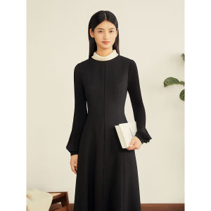 Winter French Style Tweed Textured Contrasting Color Mandarin Collar Dress