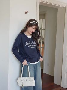Plus Size Illusion Layered American Style Comfort Stretch Cotton Yarn Straight Shoulder Long Sleeve T