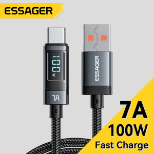 Essager สายเคเบิล USB to Type C 100W 7A ของ พร้อมจอแสดงผลแบบดิจิทัล โปรโตคอล QC ชาร์จเร็ว สายเคเบิลประเภทถ่ายโอนข้อมูลสำหรับ Huawei Honor OnePlus Realme
