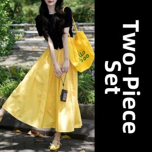 LIRUSHAN | Summer New Stylish Petite Black T-Shirt Yellow Midi Skirt Outfit