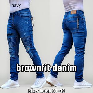 Celana Jeans Sobek Panjang Pria Bikers Kotak Stretch Melar Denim Tebal Size 28-33