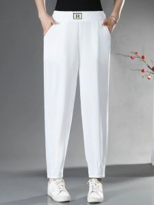 กางเกงขายาวทรงหลวมเอวสูงผ้าไหมลินินบางสำหรับผู้หญิงในช่วงฤดูร้อน กางเกงขายาวทรงตรงทรงหลวมสบาย ๆ สำหรับผู้หญิง