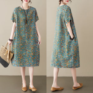 Váy Cotton Lanh in Họa Tiết Mùa Hè Cho Nữ Dáng Chữ H Dài Tay Ngắn Dáng Rộng Thoải Mái Phong Cách Dân Tộc Váy Midi