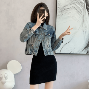 Retro American Short Washed Denim Jacket Womens Spring Autumn Fashion Versatile Slimming Trendy Top Button up Long Sleeve