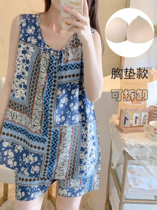 ชุดนอนผ้าไหมคอตตอนผู้หญิงในช่วงฤดูร้อน ชุดนอนแขนกุดแบบแยกเป็นชิ้น พร้อมแผ่นเสริมหน้าอกแบบเจาะได้ สำหรับใส่กลางแจ้ง