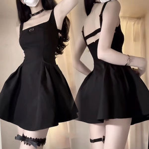 Hepburn Graceful French Style Black Dress Square Collar Suspender Skirt Double Pocket Dress Tight Waist Pettiskirt Holiday Short Dress Summer