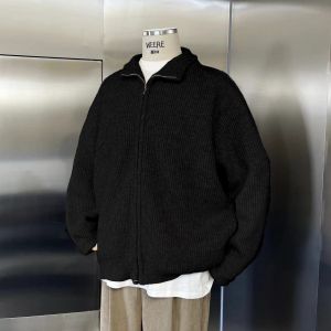 Japanese Style Pure Color Simple Mens Open Cardigan Sweater Autumn Winter Trendy Lazy Style Warm Knitted Loose Zipper Coat