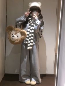 Gray Striped Sweater Vest Two-Piece Set with Wide Leg Pants Autumn Fashion Korean Style Three-Piece Suit for Women