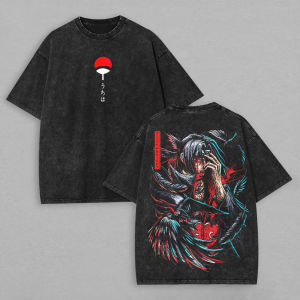 Bandai | Itachi Uchiha T Shirt Naruto Crow Vintage Acid Wash Streetwear comfortable Retro Anime Graphic Men Tees Cotton Top Clothing