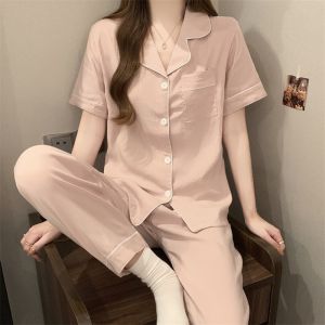 ชุดนอนผู้หญิงฤดูร้อน ผ้าฝ้ายถัก แขนสั้น กางเกงขายาว น้ำหนักเบา น่ารัก ลายการ์ตูน ชุดอยู่บ้าน ชุดนอนสองชิ้น ผ้าฝ้ายถัก