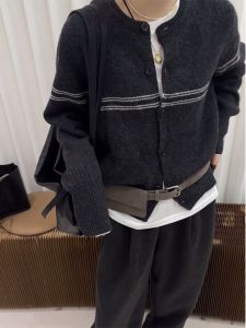 Comfortable Soft Korean Style Womens Knitted Cardigan Sweater Long Sleeve round Neck Cashmere Striped Open Front Outerwear