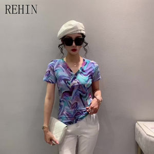 REHIN Womens top Summer New fashion mesh blue haloing printing short-sleeved T-shirt V-neck slim and thin S-3XL elegant trendy blouse