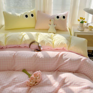 INS Fresh Soft Dopamine Green Stripes Washed Cotton Four-Piece Set Pure Color Bed Sheets Quilt Cover Dormitory Three-Piece Set 4