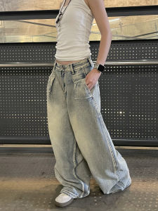 Retro American High Street Distressed Jeans Womens Casual Loose Fit Cotton Natural Waist Folded Hem Zipper Autumn Long Pants