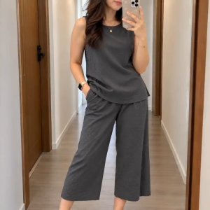 LESLEY WOMEN COTTON LINEN COORDINATES SET SLEEVELESS TOP AND WIDE LEG CROPPED PANTS 2 PIECE TEXTURED CASUAL OUTFIT