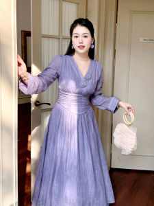 Heavy-look Rose ผ้าฝ้าย ผ้าลินิน ยาว เดรส สําหรับ พลัสไซส์ ผู้หญิงสไตล์จีนใหม่ มีเข็มขัด เดรส เย็น สีม่วง คอวี ซิป ปิด