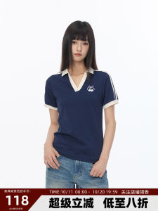 Endweep Cherry Embroidery Slimming Short Sleeve Polo Neck Top Womens Fashion Summer T-Shirt Cotton Blend Elastic Fit