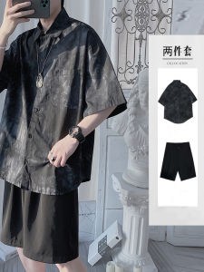 Camouflage Printed Short Sleeve Shirt for Men Loose Fit Summer Style Korean Hong Kong Fashion Outfit with Button Trim