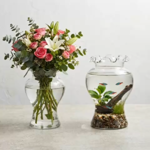 Bình Hoa Thủy Tinh Dáng Tròn Chân Đế Miệng Lượn Sóng B27 16L