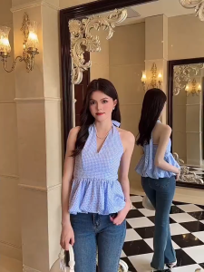 🔥[C432] Áo kiểu nữ CỔ YẾM có mút KẺ CARO vạt xòe phối lưng chun tôn dáng xinh xắn - Kholenqc