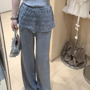 Womens Knitted Wide Leg Pants Casual Hollow out Splicing Drapey Autumn New Style Grey Straight Tube Long Trousers